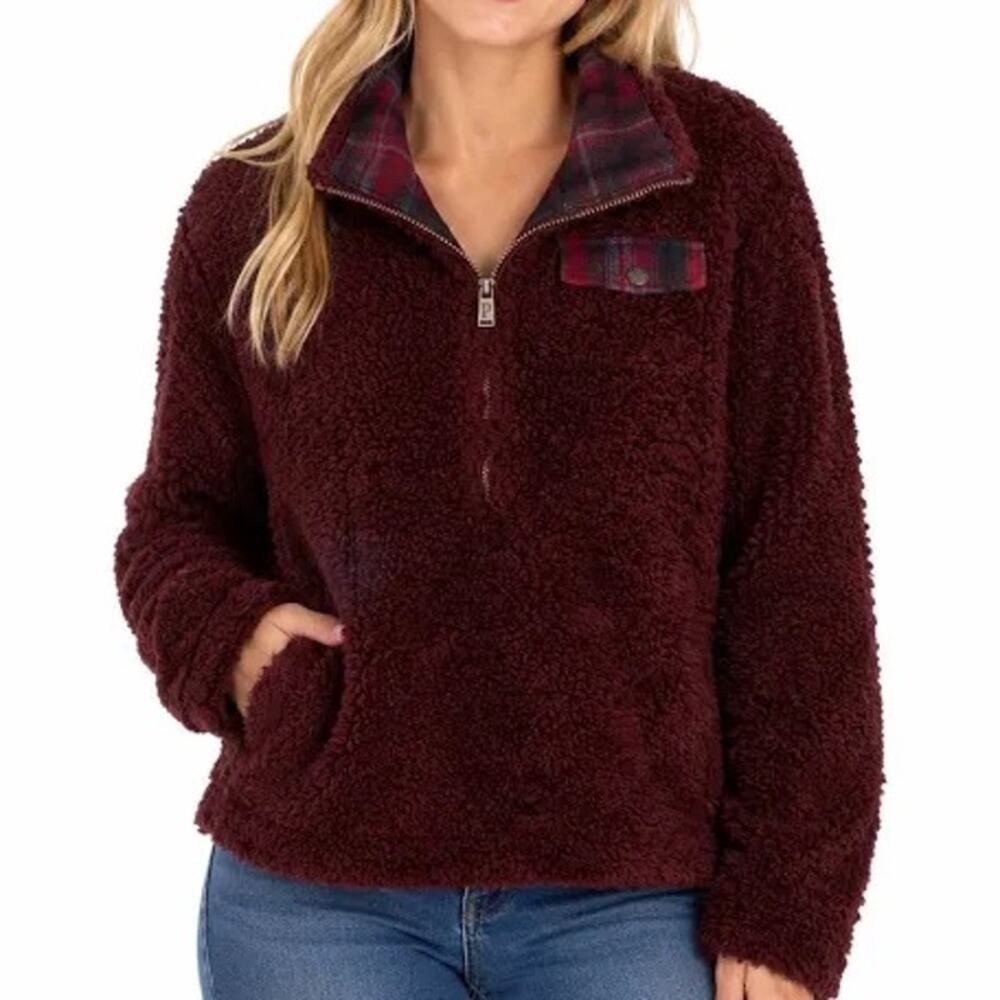 Pendleton Sherpa Teddy Fleece Wool Blend Zip Jacket Burgundy Plaid S Cabin Core